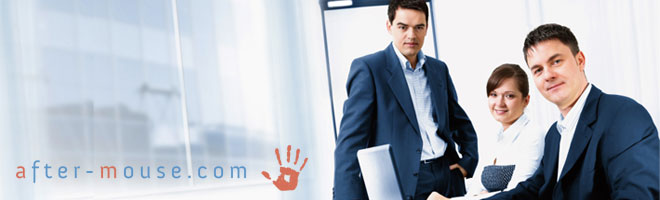 Deux hommes et une jeune femme en costume, logo AFTER-MOUSE.COM